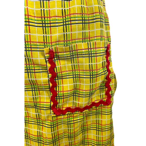 Handmade Vintage Yellow Plaid Half Apron w/Pocket Tie Back Waist Ruffle Hem - Picture 3 of 5